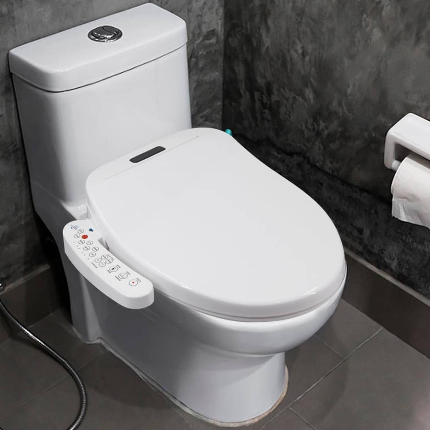 An electric bidet toilet seat with heated water and a dryer