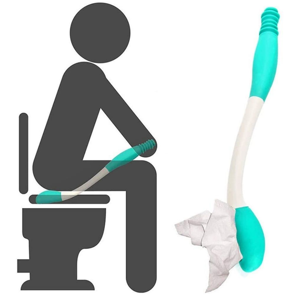 A long handled toilet paper grip with a soft rubber head